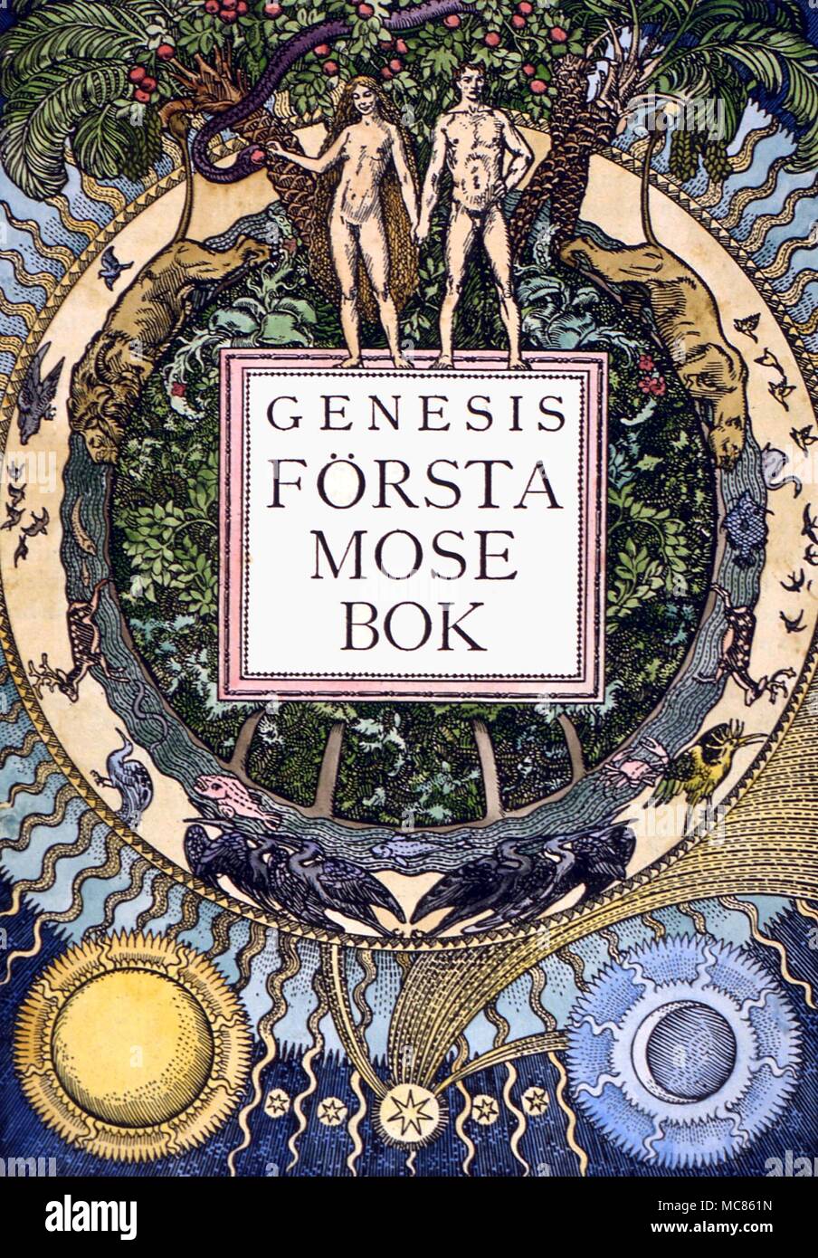 CHRISTIAN Adam und Eva mit Schlange - halbe - Titel von Gustav's V Bibel, entworfen von Olle Hjortzberg und durch Broderna Lagestrom. Drucken c. gedruckt 1905 Stockfoto