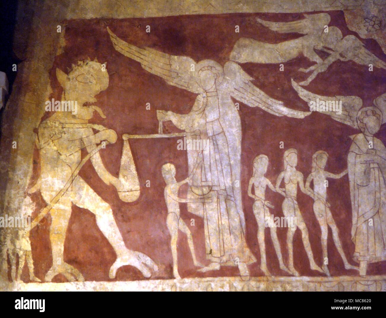 CHRISTIAN Chaldon fresco Dämon kämpfen mit der Waage von St. Michael, Versuch, Seelen zu gewinnen, für die Hölle unten. Detail des 12. Jahrhunderts freien im Chaldon (Kirche) in Surrey Stockfoto