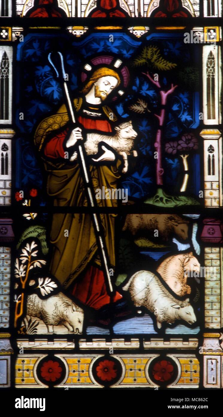 Christliche Jesus mit Schaf "Der Herr ist mein Hirte". Glasfenster in der Pfarrkirche St. Mary's, Godstone, Surrey Stockfoto