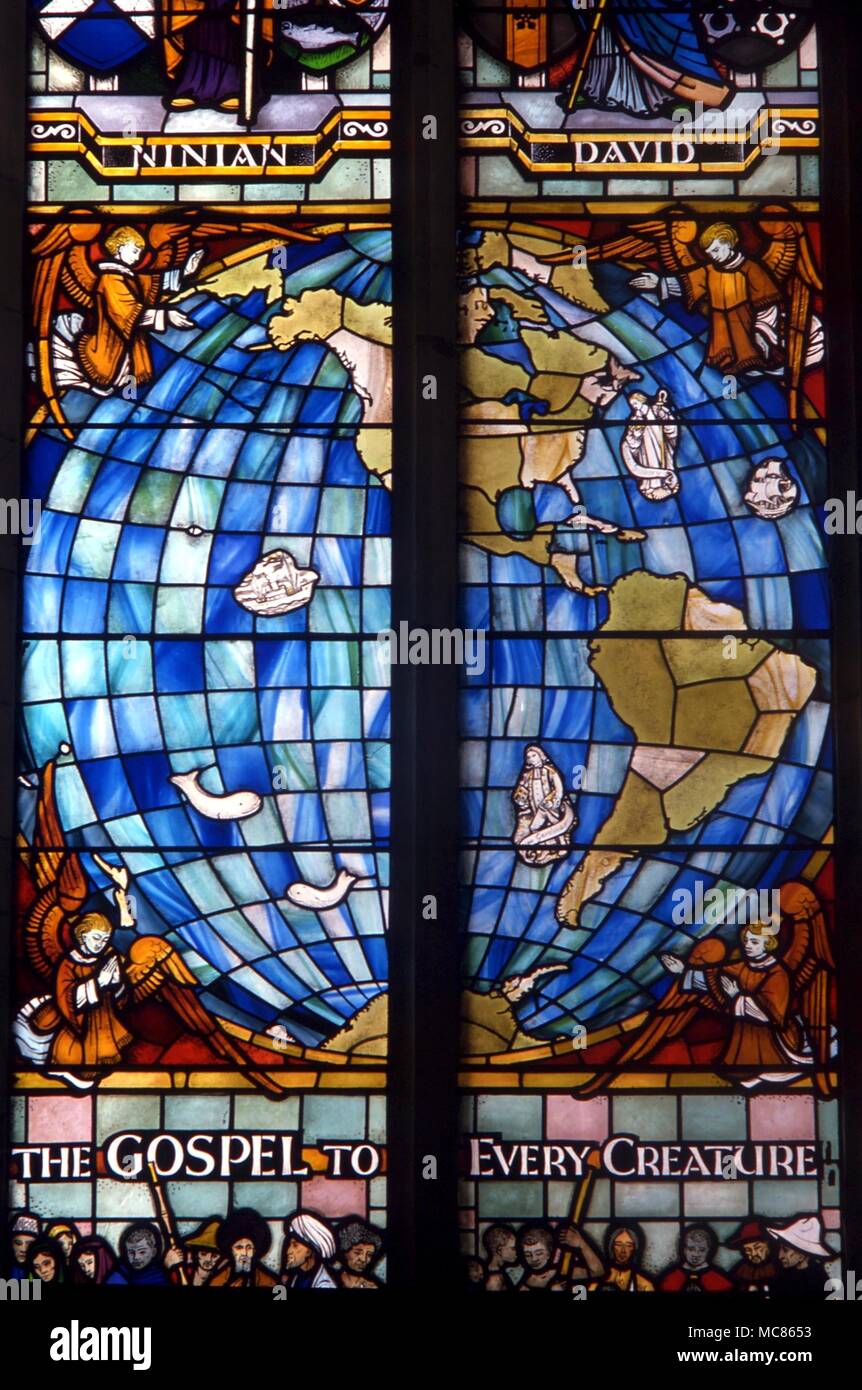 CHRISTIAN - Karte von United States Glasmalerei Karte der neuen Welt, in der westlichen Wand von St Mary-at-Lambeth. Moderne Glasmalerei in Erinnerung an Bischof Moore, mit der Predella des Evangeliums und der Nationen Stockfoto