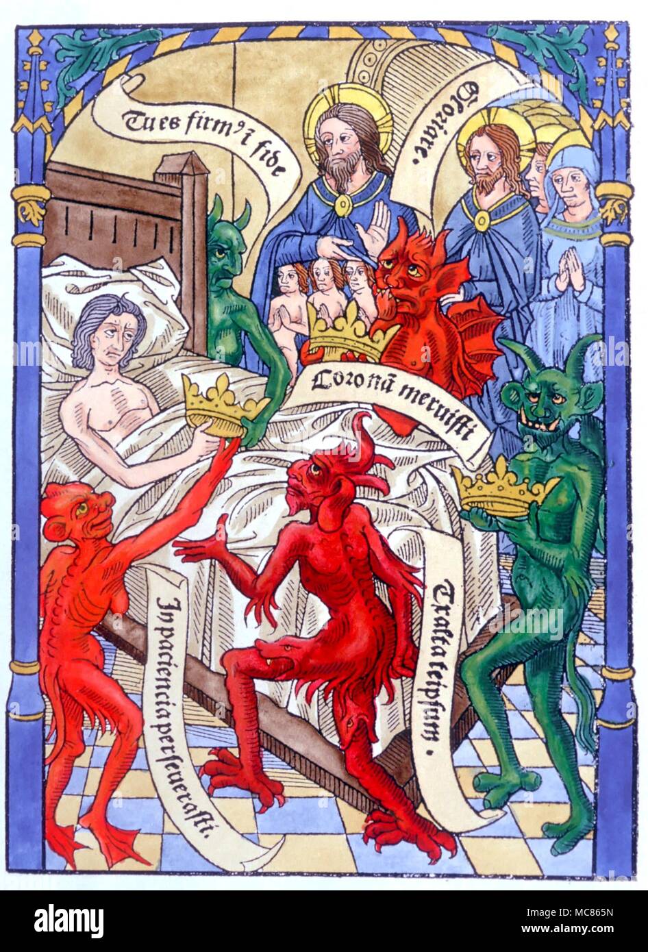 CHRISTIAN - Christus am Sterbebett Holzschnitt zeigt den Dämonen und Engel Attendant am Sterbebett, mit Christus als den Höchsten Herrn. Von einem 'Ars moriendi Bene" von C. 1500 Stockfoto