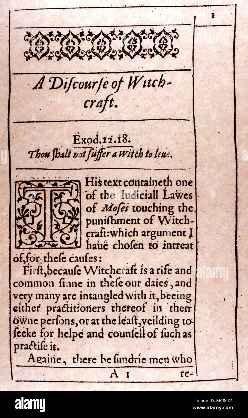 Hexerei biblischen Hexerei die offene Seite von "der Diskurs der... Witchcrafte' (Gifford), die das Angebot in der Regel als Unterstützung für die Verfolgung von Hexen, 1587 getroffen Stockfoto