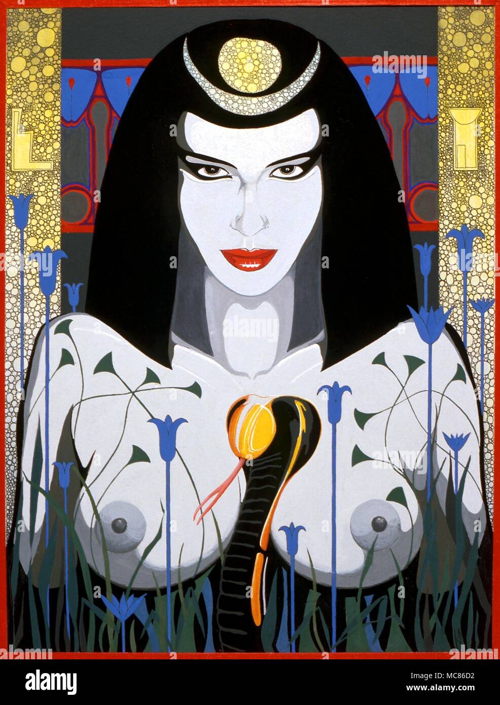 Hexerei Isis, Königin der Nacht Bild von Isis, in ihrer Rolle als 'Königin der Nacht', mit dem Solar lunar Symbol auf ihren Kopf. Gemälde von John Bolton, 1992. private Sammlung Stockfoto