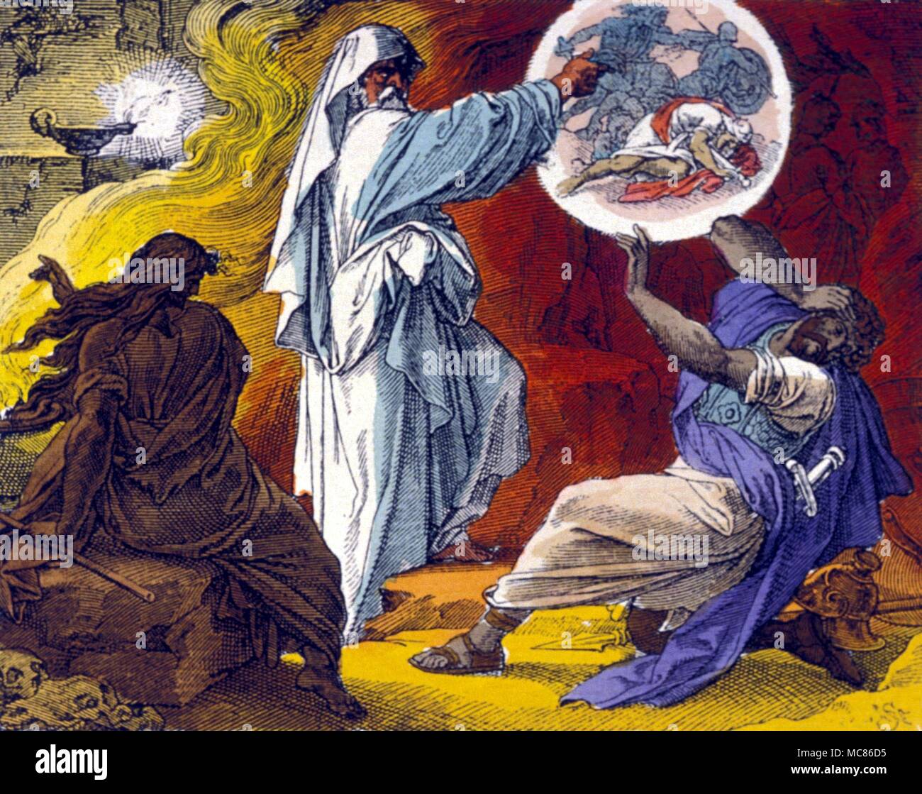 Hexerei die Hexe von Endor Saul und die Hexe von Endor. (1.Samuel, Kap. VI, V. 20). Gravur nach einem Gemälde von einem Strahuber,'Art Journal", 1891 Stockfoto
