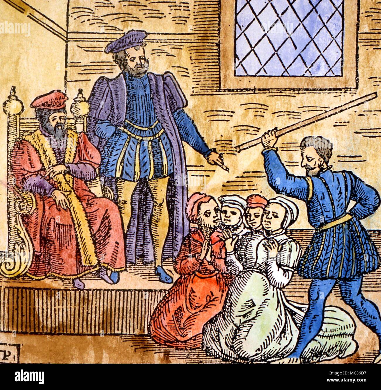 Hexerei Holzschnitt mit dem schottischen König James VI (später James I von England), die Beaufsichtigung der Folter von Hexen in Edinburgh. ca. 1590. Aus der Ausgabe 1591 der "Newes aus Schottland". Stockfoto