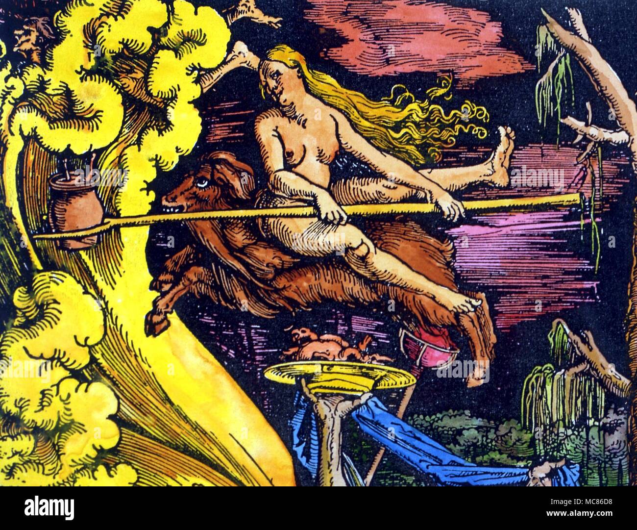 Hexerei Detail der Hexen Vorbereitung fliegen Salbe vor dem Fliegen auf den Sabbat. Hinweis Die Hexe transvecting auf eine Ziege. Nach einem Holzschnitt von Hans Baldung Grien, C. 1510 Stockfoto