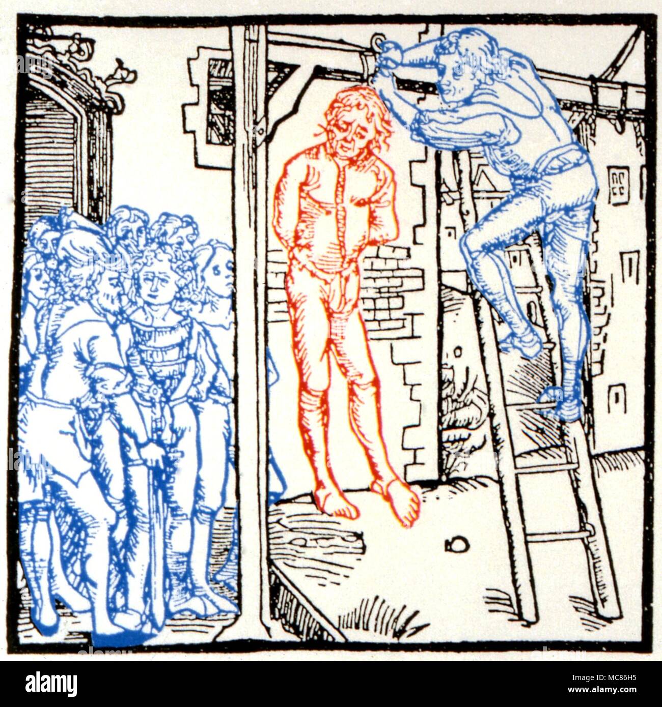 Folter hängen an den Händen der gemeinsamen Galgenraten - nach einem Holzschnitt in 'Spiegel der Tugend', Basel 1497 Stockfoto