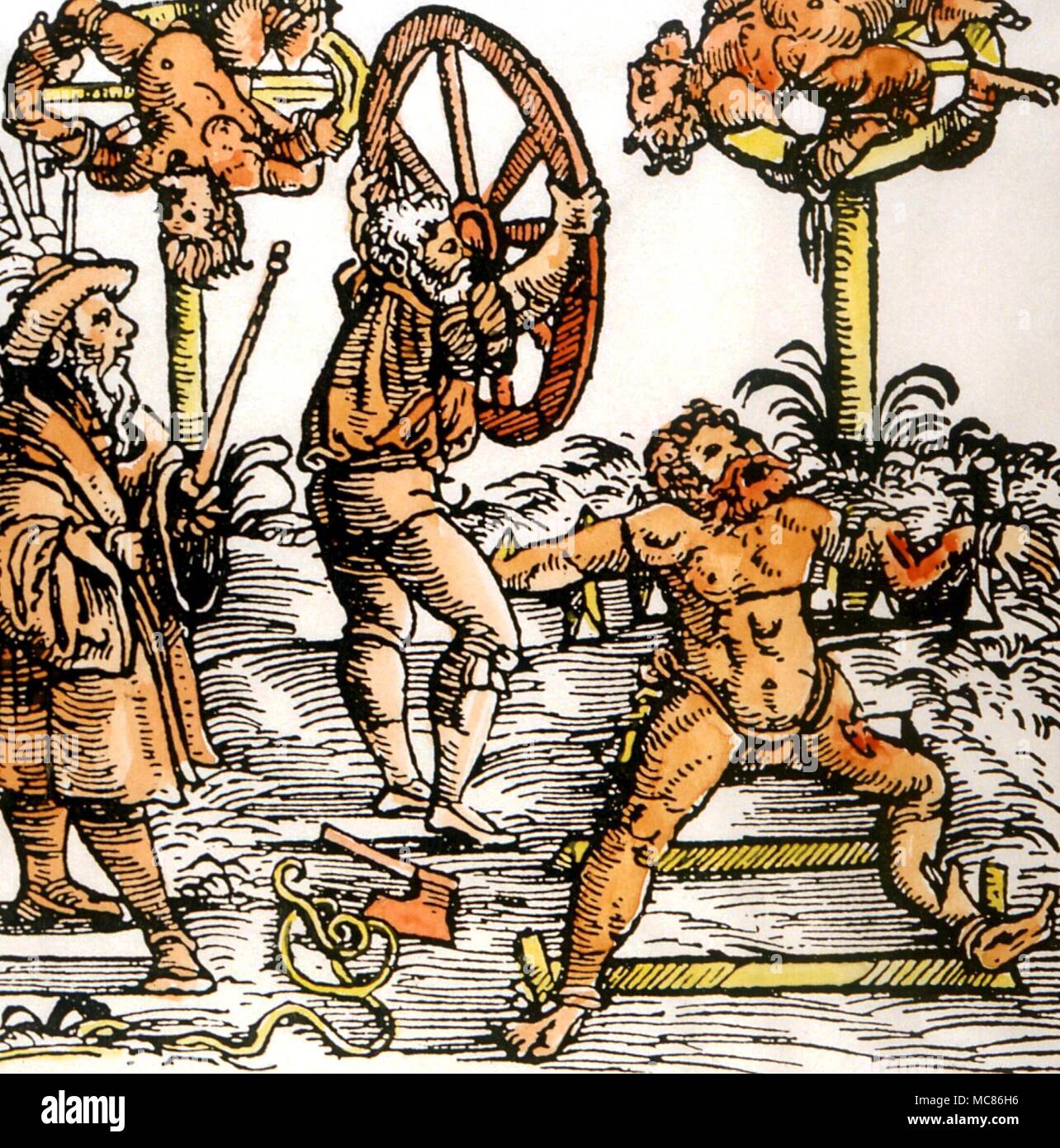 Folter - Brechen auf dem Rad, die Gliedmaßen der Rad- und Flechten Gliedmaßen in die Speichen. Nach einem Holzschnitt von Hans Stumpf 'Schweizer-Chronik', 1548 Stockfoto