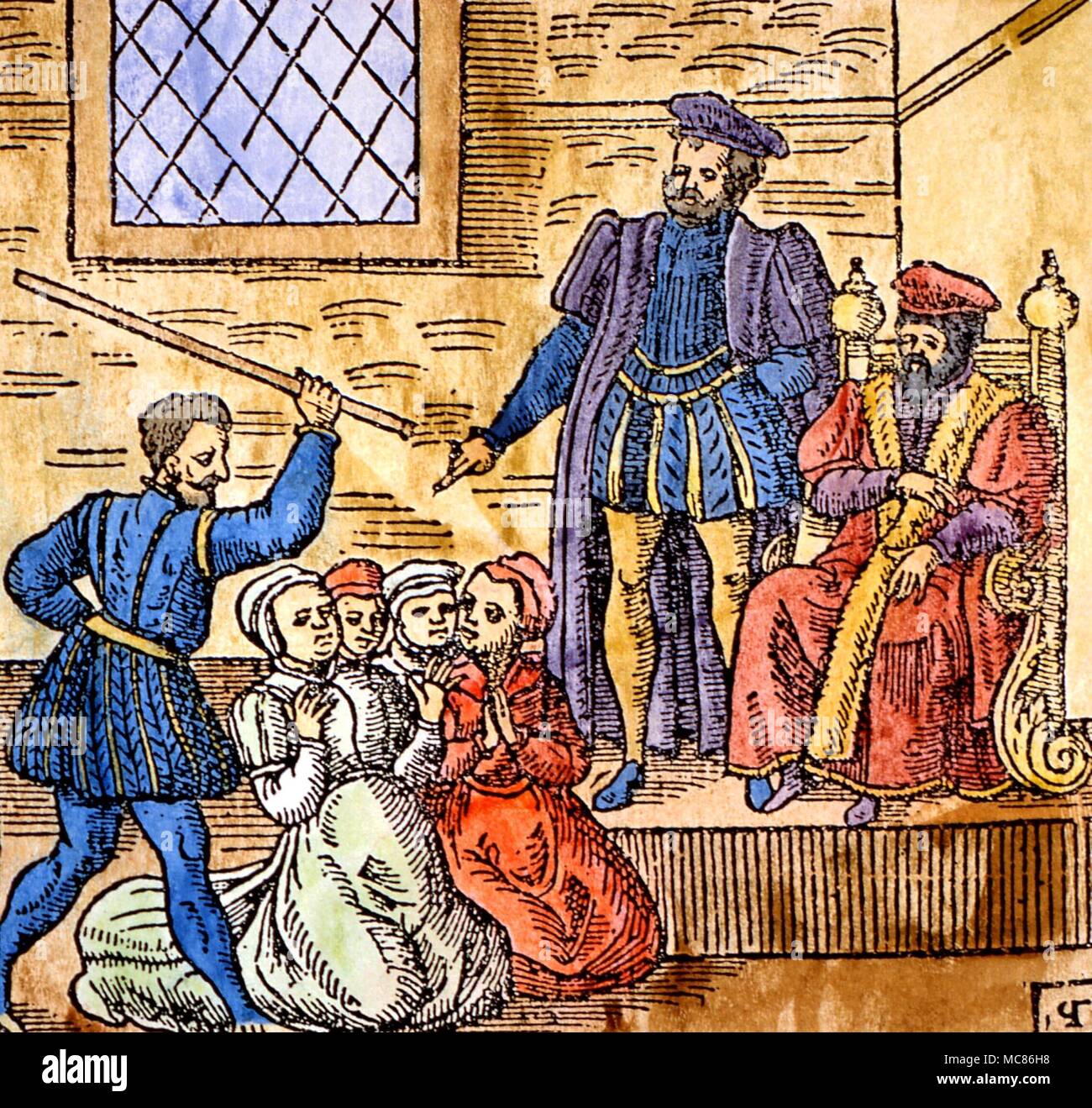 Folter Hexerei Holzschnitt mit dem schottischen König James VI., später James I von England, Überwachung der Folterung von Hexen in Edinburgh, circa 1590. Aus der Ausgabe 1591 der "Newes aus Schottland" Stockfoto