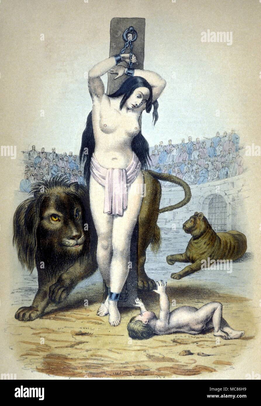 Folter christliche Frau an einen Pfahl gebunden in der Römischen Amphitheater das Martyrium zu erleiden. Von Louis Marie de Cormenin, die Öffentlichen und Privaten Geschichte der Päpste in Rom, c 1830 Stockfoto