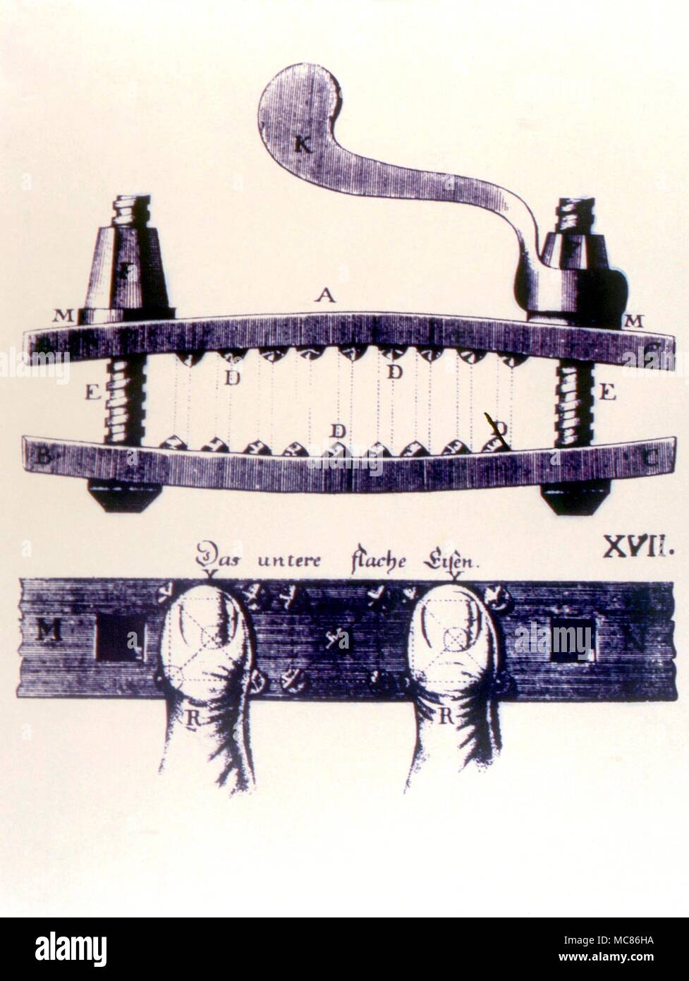 Folter - Rändelschraube Wissenschaftlich entworfen Rändelschraube, die gemäß den Angaben in der "Constitutio Criminalis Theresiana', Wien, 1769 gelegt Stockfoto