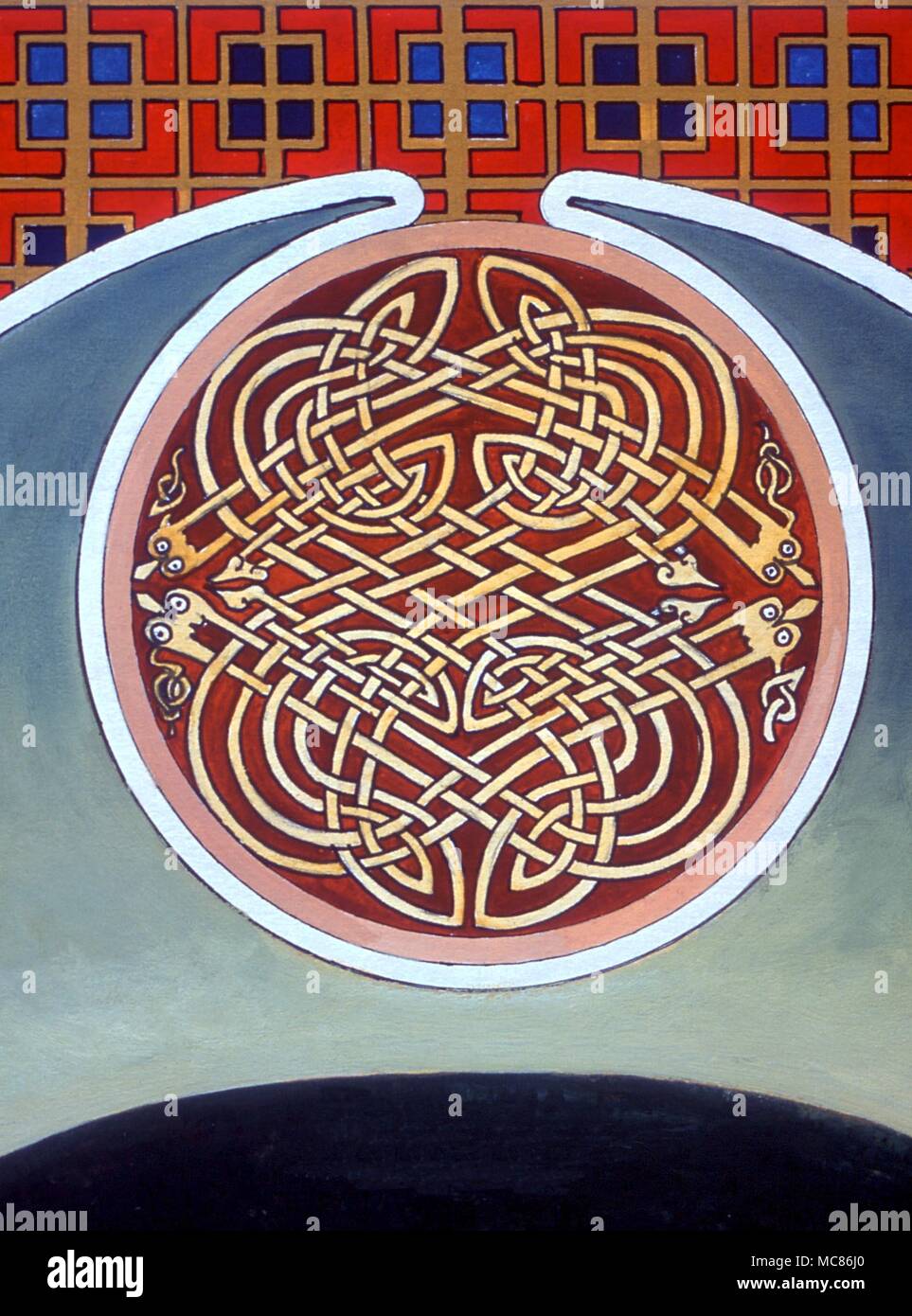 CELTIC Celtic pattern Gemälde von Gordon Wain (Detail) von Keltischen interlace Muster in der Malerei der Grabhügel, 1984 Stockfoto