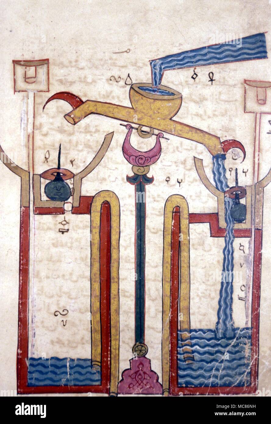 Wissenschaftliche Kuriositäten mechanische Flöte. Eine unbefristete Flöte mit zwei Schwimmern. Von "Kitab fi Ma'rifat al-hiyal al-hardasiya' - Ägypten, 14. Aus dem Dar al-Athar al-Islammiyya, Kuwait Stockfoto