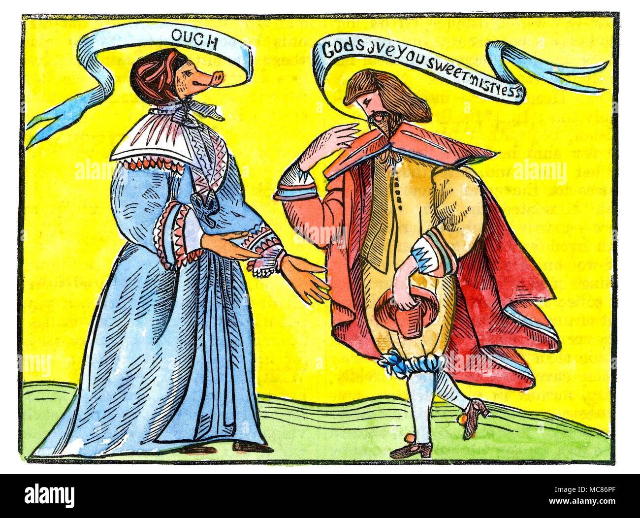 Monster - Schwein - VORANGEGANGEN LADY Handkolorierter Holzschnitt, kopiert aus einer Zeitung aus dem 17. Jahrhundert, die Dame mit einem Schweinekopf, ist eine Frau Skinker, eine niederländische Frau, die eine Belohnung von 40.000 Ãº auf jeden Mann, der sie heiraten würde, beworben. Stockfoto