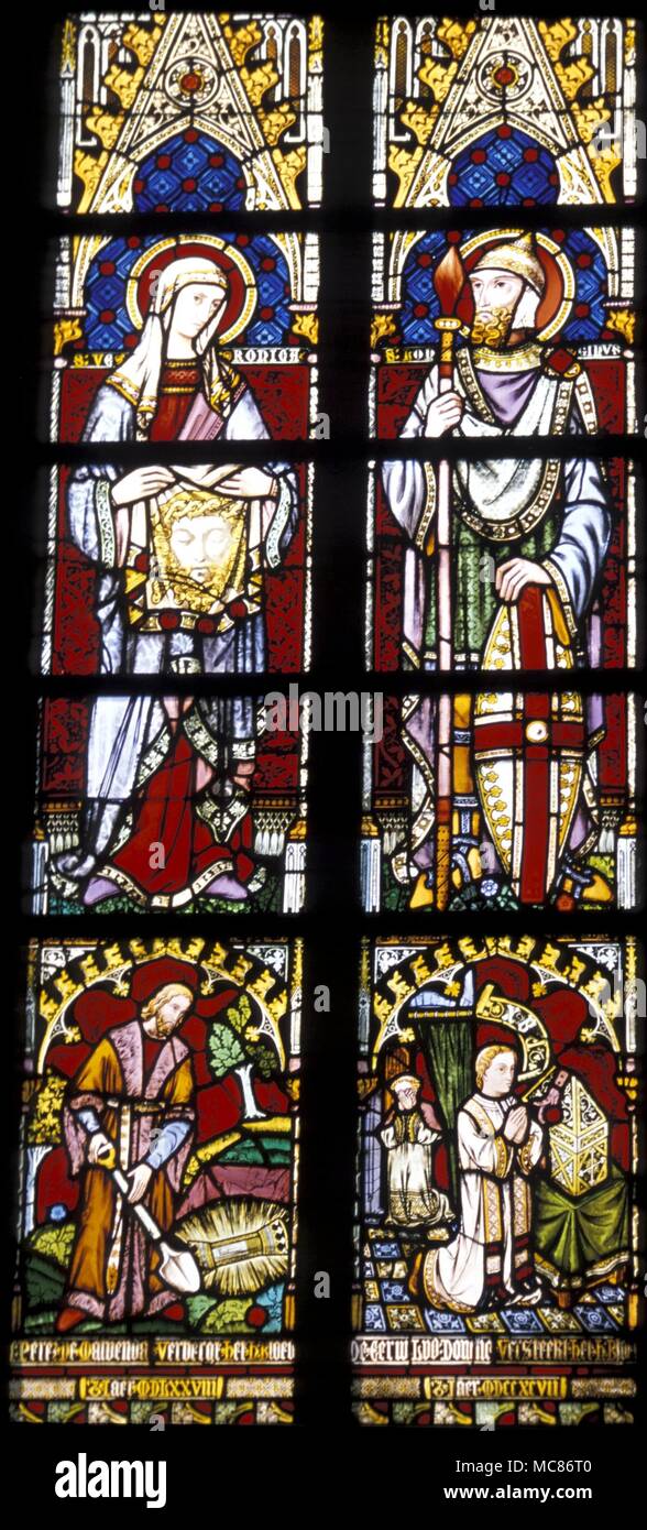Reliquien - Glasfenster in der Basiica des Heiligen Blutes, Brügge, worin das Reliquiar des Heiligen Blut Christi aufbewahrt und verehrt. Von Thierry D'Alsace in Brügge nach seiner Rückkehr aus dem zweiten Kreuzzug. Im Bild, das Blut wird begraben, es zu schützen Stockfoto