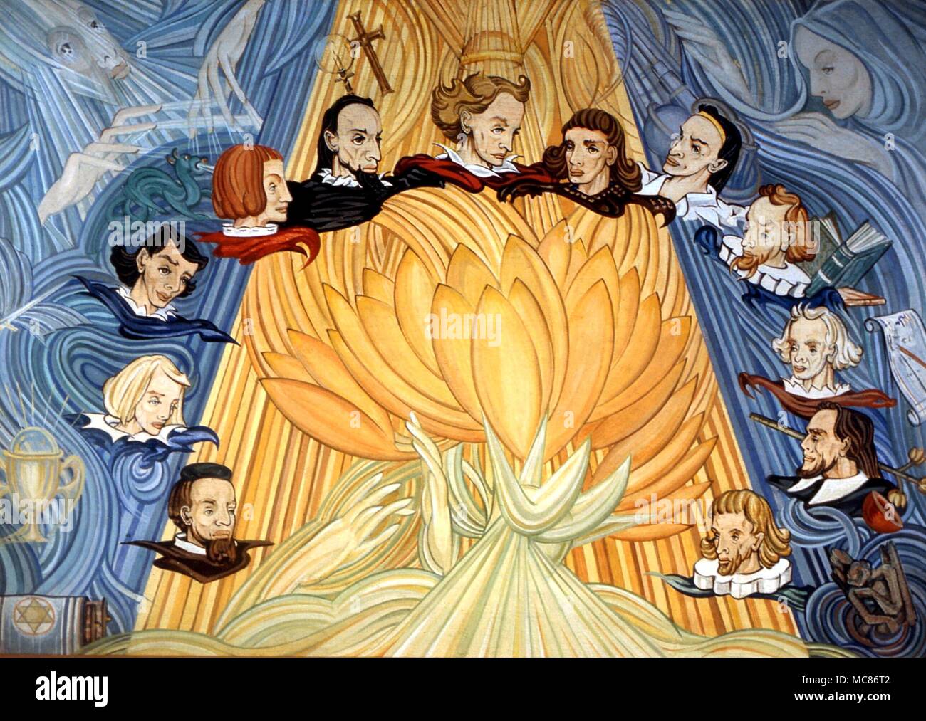 Reinkarnation Gemälde von Fay Pomerance in Bezug auf das Thema der 12 Einzelpersonen, die ihre früheren Inkarnationen zu einer Versammlung im Italien der späten Renaissance verfolgen könnte. Gemälde "Der Unternehmen der Zwölf", in einer privaten Sammlung Stockfoto