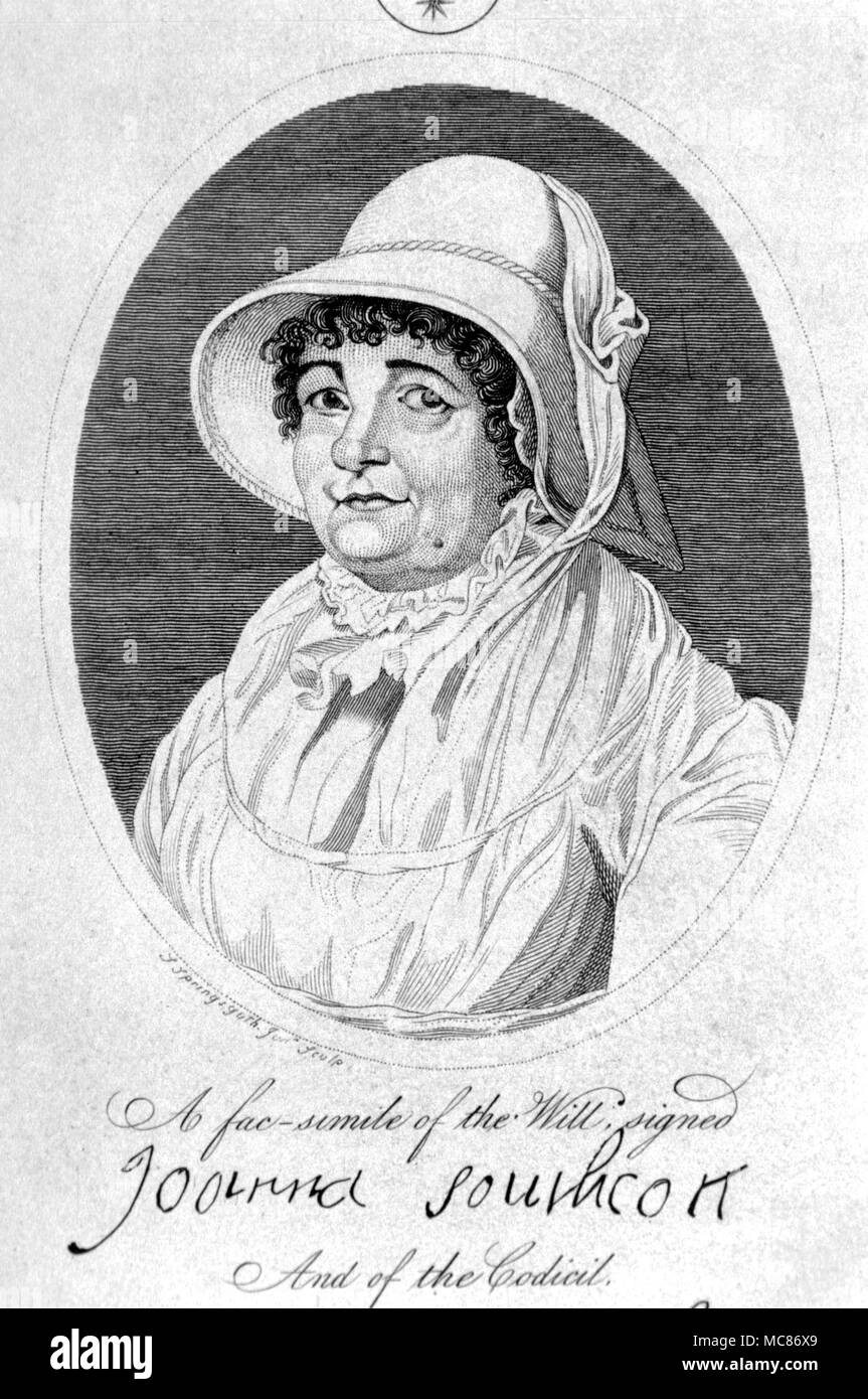 Vorhersagen und Prophezeiungen Joanna Southcott Portrait von Southcott (1750-1814), bekannt gegeben, dass sie der besondere Offenbarungen besessen war, und würde die Mutter von Silo, der Fürst des Friedens. Von Kirby' wunderbare Museum', 1820 Stockfoto