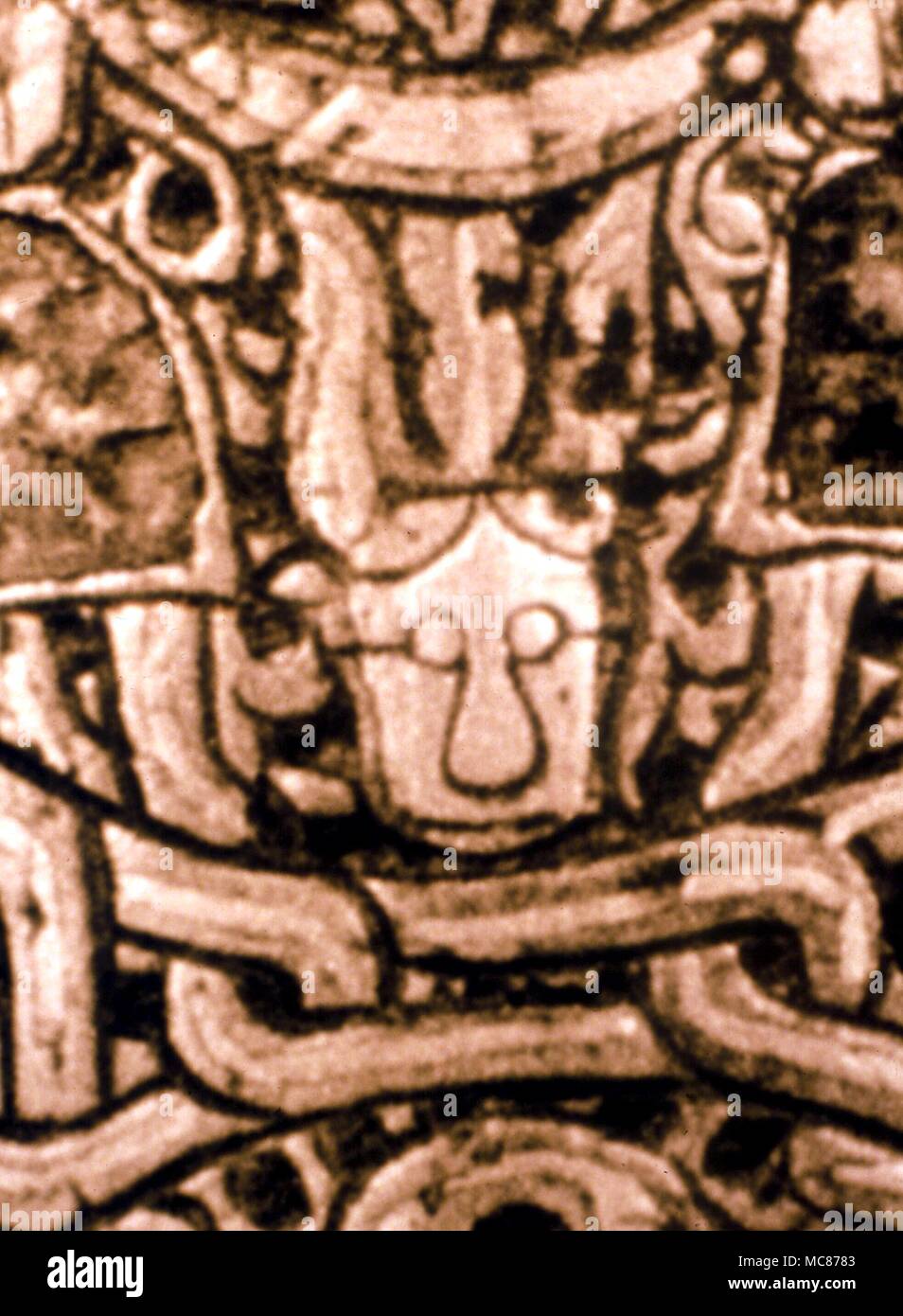 Astrologie - Arabisch Detail des Zawzahr Bildsprache, die sich auf die Mondknoten, im Lunar Abschnitt des 12. Jahrhunderts Arabisch Tintenfass, mit dem Zeichen der Schwanz des Drachen verwandelte sich in ein Gesicht. Dar al-Athar, Kuwait Stockfoto