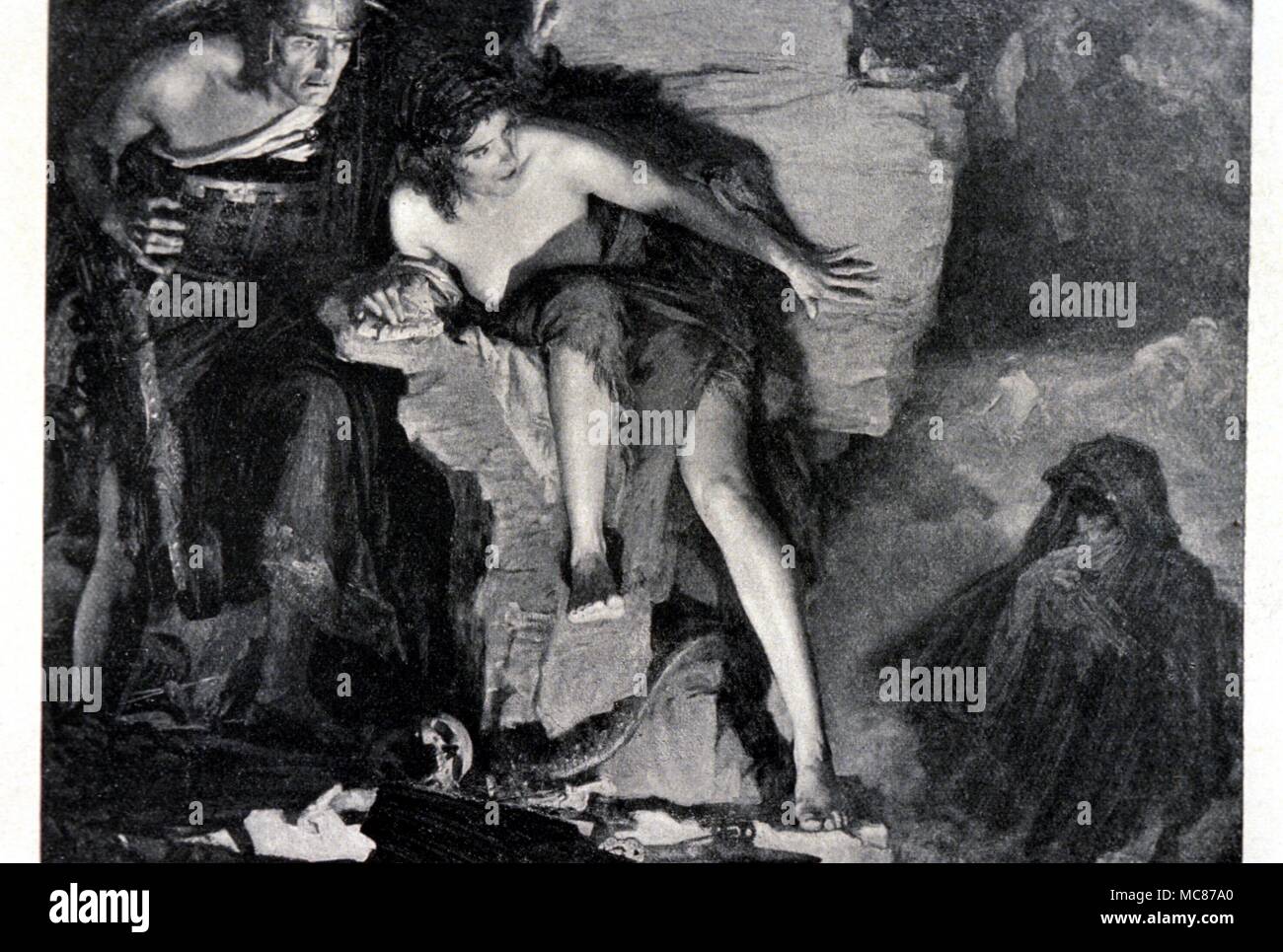 Hexerei die Hexe von Endor Niedergefallen und die Hexe von Endor "Holz - Gravur von ca. 1875, nach dem Gemälde von Friedrich Appleyard. Stockfoto