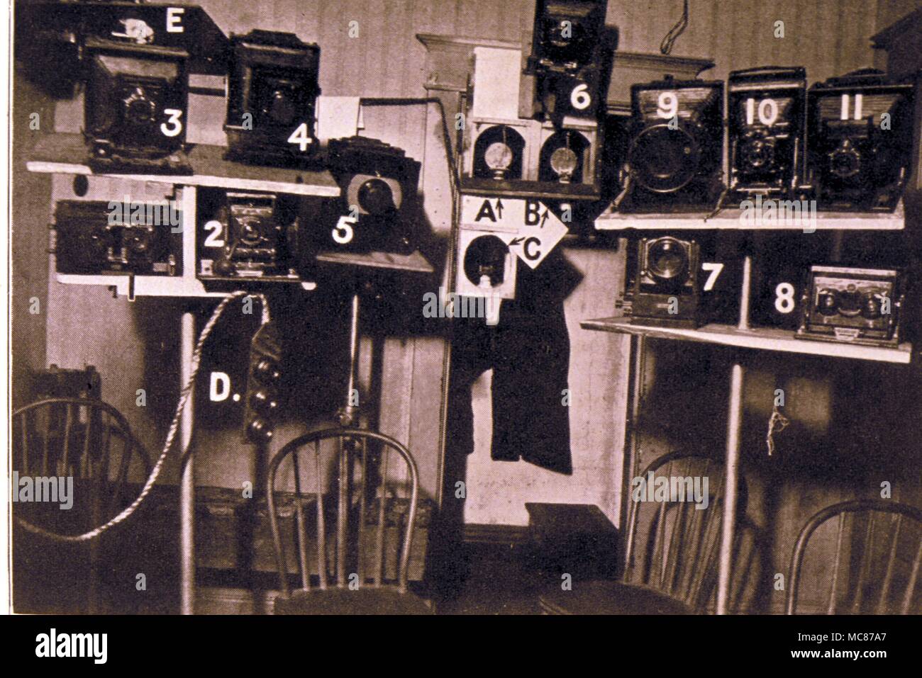 SEANCE Beispiel für die Auswahl von Kameras (meist für Flash synchronisiert), die in der Untersuchung von Arbeit als Medium in den 1920er Jahren verwendet wurden, unter der Leitung des Beamten der Hochschule der psychischen Wissenschaft, London. Stockfoto