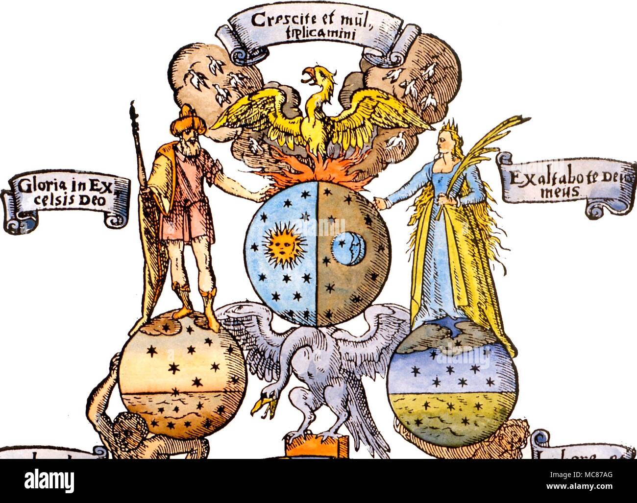 Detail der solaren und lunaren Figuren, mit dem Phönix aus der Flammen. Die jungen des Phoenix, fliegen in die Wolken, ist ein Alchemistischer Bild der Stein der Weisen. Von Andreas Libavius ''Alchymia", 1606 Stockfoto