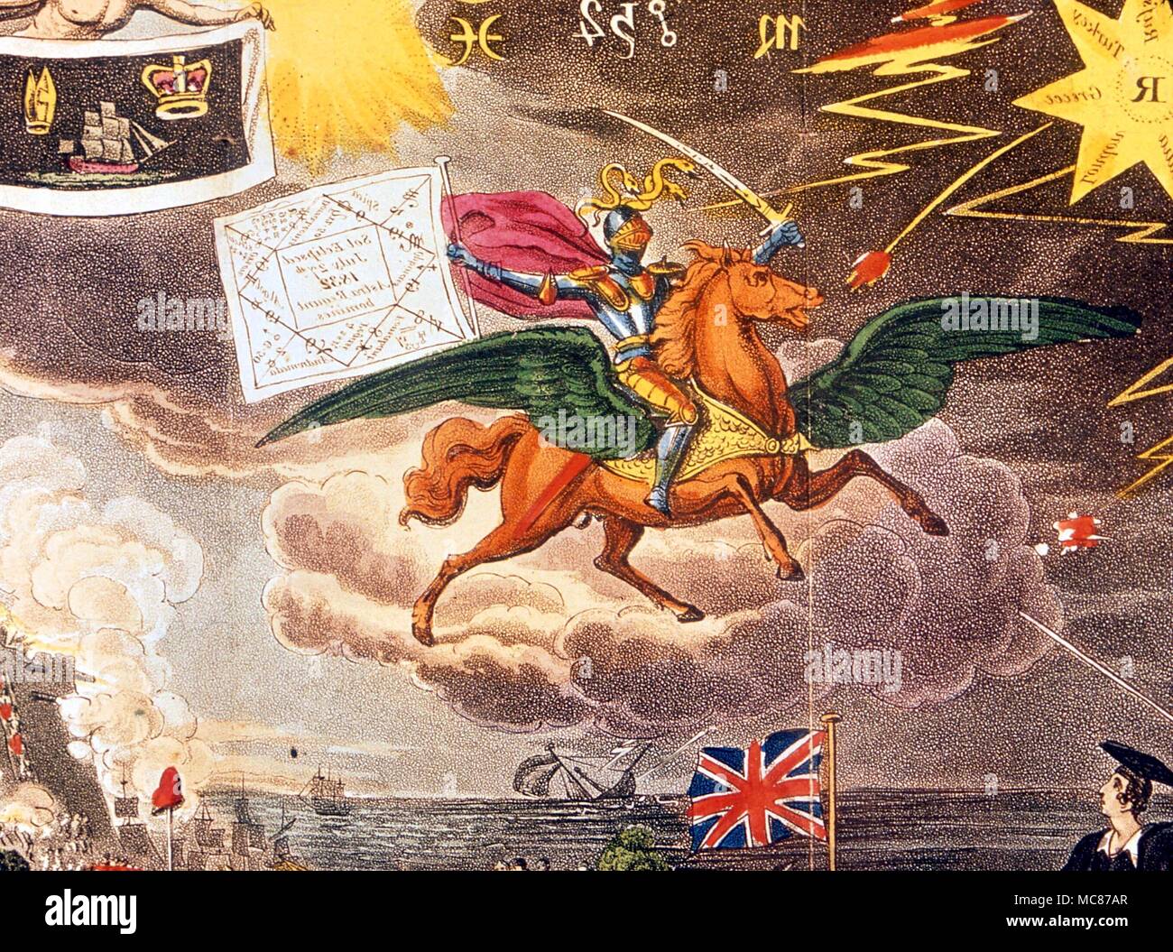 Das geflügelte Pferd Pegasus, auf der die kriegerischen Abbildung eines Ritters montiert ist. Das Horoskop in der Reichweite der Ritter bezieht sich auf die solare Revolution für das Jahr 1832. Astrologische hieroglyphischen Abbildung, aus der Dawes Sammlung Stockfoto