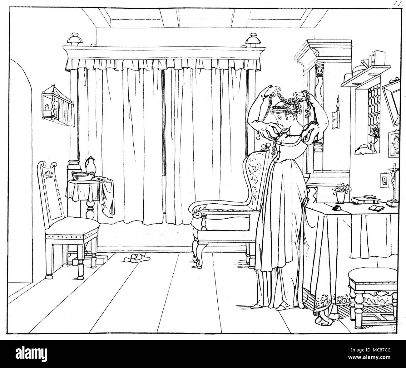 Dämonen - FAUST - MARGARET Margaret in ihre Kammer, Flechten und binden Ihr Haar, fragt sich der Gentleman war, dass Sie zuvor gesehen hatte. "Ich konnte in seinem sieht gelesen, dass Er der adligen Familie, oder er hätte nicht so voraussetzen." Gravur Nr. 11 Umrisse in Goethes Faust. Gezeichnet von Moritz Retsch, 1836. Es gab zwei verschiedene frühe Ausgaben des Retsch Serie von Zeichnungen zu Goethes Faust spielen. Die feinste war Umrisse Goethes Faust. Gezeichnet von Moritz Retsch, 1836 edition, sowohl in Stuttgart und Augsburg gedruckt. Es gab 29 Platten in dieser Ausgabe, Th Stockfoto