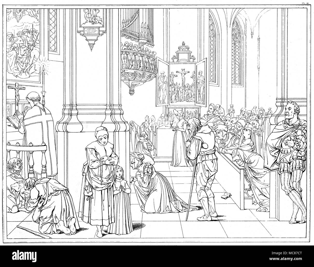 Dämonen - FAUST - MARGARET und bösen Geist der böse Geist flüstert Verzweiflung zu Margaret, während an der Messe in der Retsch Serie von Twenty-Six umrissen, die zur Illustration von Goethes Tragödie "Faust" von Henry Mose graviert, in 1820, ist es Gravur 18. [Gravur Nr. 21 in der Reihe, Umrisse Goethes Faust. Gezeichnet von Moritz Retsch, 1836.] Es waren zwei verschiedene frühe Ausgaben des Retsch Serie von Zeichnungen zu Goethes Faust spielen. Die feinste war Umrisse Goethes Faust. Gezeichnet von Moritz Retsch, 1836 edition, sowohl in Stuttgart und Augsburg gedruckt. Es gab 29 Platten in diesem editi Stockfoto
