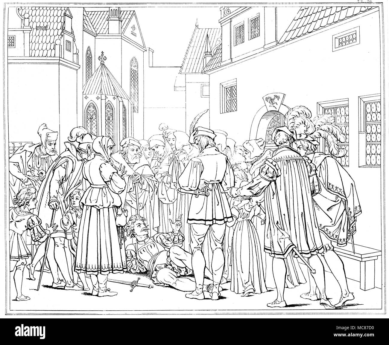Dämonen - FAUST - VALENTINE Valentine auf den Punkt des Todes Vorwürfe Margaret für Ihr unmoralisches Verhalten. In der Retsch Serie von Twenty-Six umrissen, die zur Illustration von Goethes Tragödie "Faust" von Henry Mose graviert, in 1820, ist es Gravur 20. [Gravur Nr. 23 in der Reihe, Umrisse Goethes Faust. Gezeichnet von Moritz Retsch, 1836.] Es waren zwei verschiedene frühe Ausgaben des Retsch Serie von Zeichnungen zu Goethes Faust spielen. Die feinste war Umrisse Goethes Faust. Gezeichnet von Moritz Retsch, 1836 edition, sowohl in Stuttgart und Augsburg gedruckt. Es gab 29 Platten in diesem Stockfoto