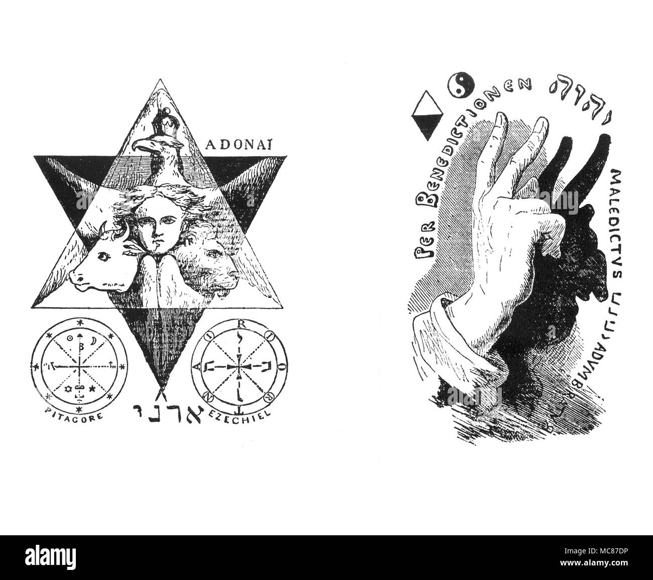 Magische Symbole-EVANGELISTEN - SACERDOTAL HAND? liphas LÃšvi (das Pseudonym von Louis Constant) war eine journalistische Okkultisten, die viele Esoterische Lehren und Traditionen missverstanden, und veröffentlichte seine sehr persönliche Versionen dieser in einer Reihe von okkulten anmutende Texte, wo er vor allem bei der Erteilung von irreführenden Informationen gelungen. Trotz seiner allgemeinen Ungenauigkeit über okkulte Dinge, seine Schriften haben einen starken Einfluss auf die beliebten okkulten gedacht, seit dem späten 19. Jahrhundert - vor allem auf Tarot Design. Seine Sammlungen von 'esoterische Symbole' [die sehr persönliche und eklektischen] Stockfoto