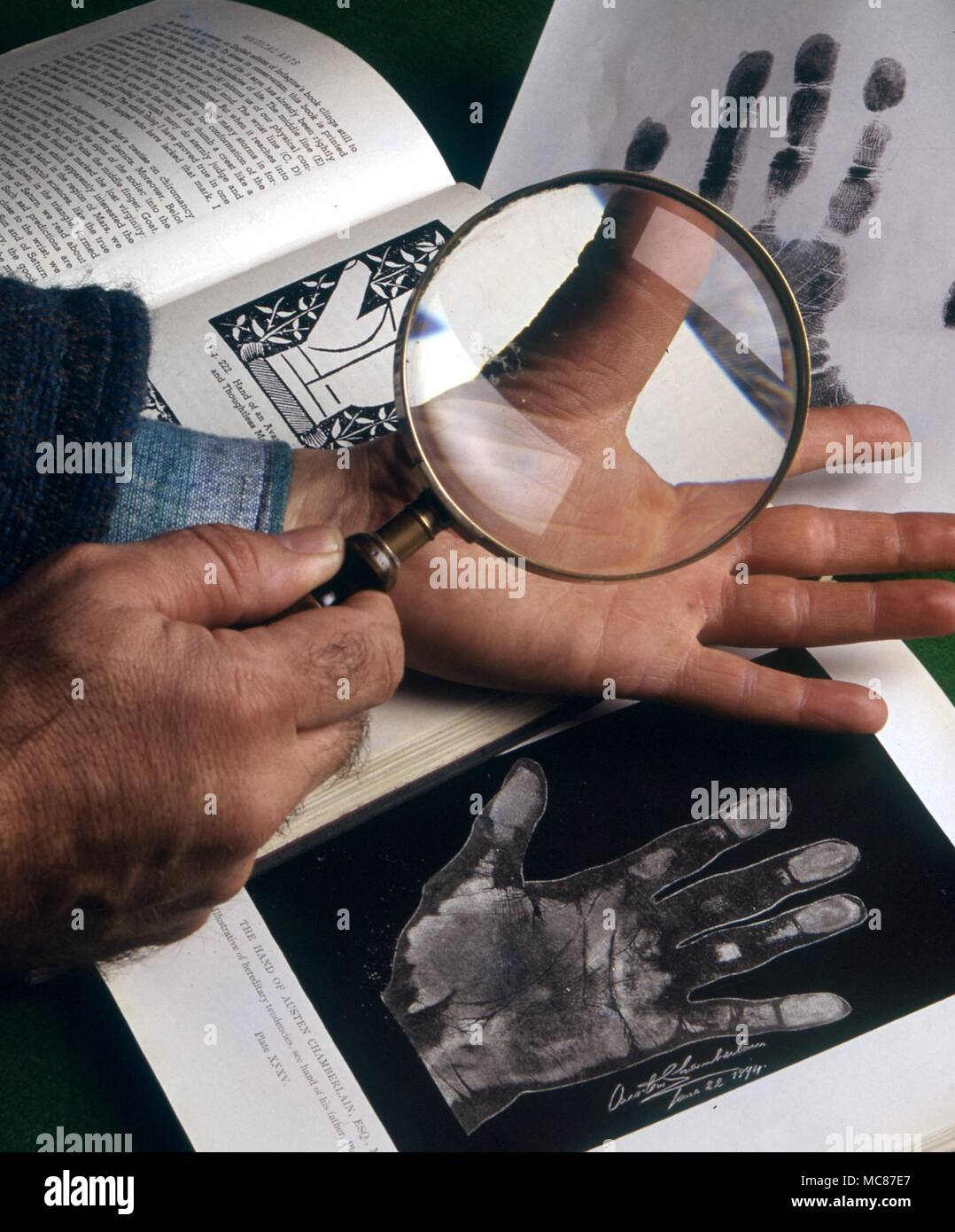 Die menschliche Hand vor dem Hintergrund der palmistic Diagramme. 2004 Charles Walker/ Stockfoto