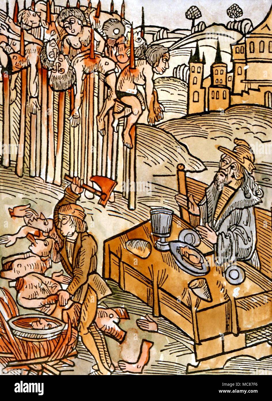Folter Enthauptung und Impaling von Gefangenen vor Vlad the Impaler, der genießt eine Mahlzeit bei der Überprüfung der Schrecken. Anfang des 16. Jahrhunderts Holzschnitt Stockfoto