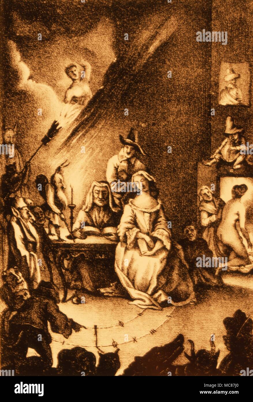 Die Induktion einer Hexe. Gravur aus der Edition 1863 von Collin de Plancy ist 'Dictionnaire Infernal." Bild basierend auf einem Stich von Aliamet. Stockfoto