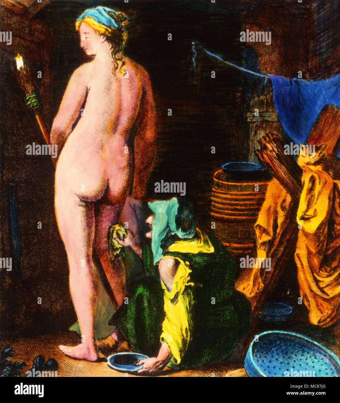 Handcolorierte achtzehnten Jahrhundert Drucken zeigt eine Hexe eing Vorbereitet für transvection zu den Sabbat. Eine Katze vertraut sitzt auf einem symbolischen Kreuz hinter der Figur. Stockfoto