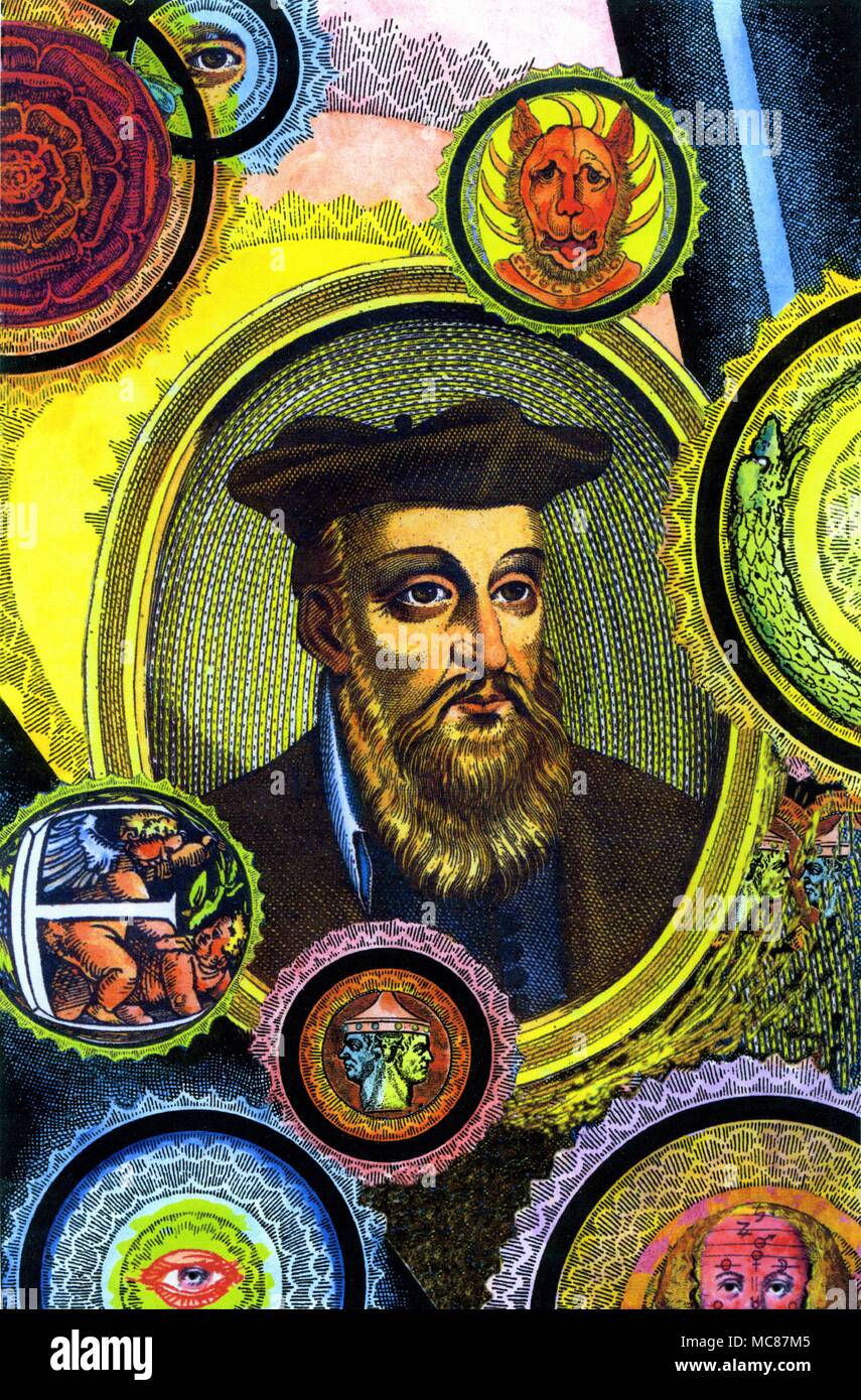 Portrait von Nostradamus (ca. 1620) innerhalb einer dekorativen Surround der arkanen Symbole über seine Prophezeiungen. Stockfoto