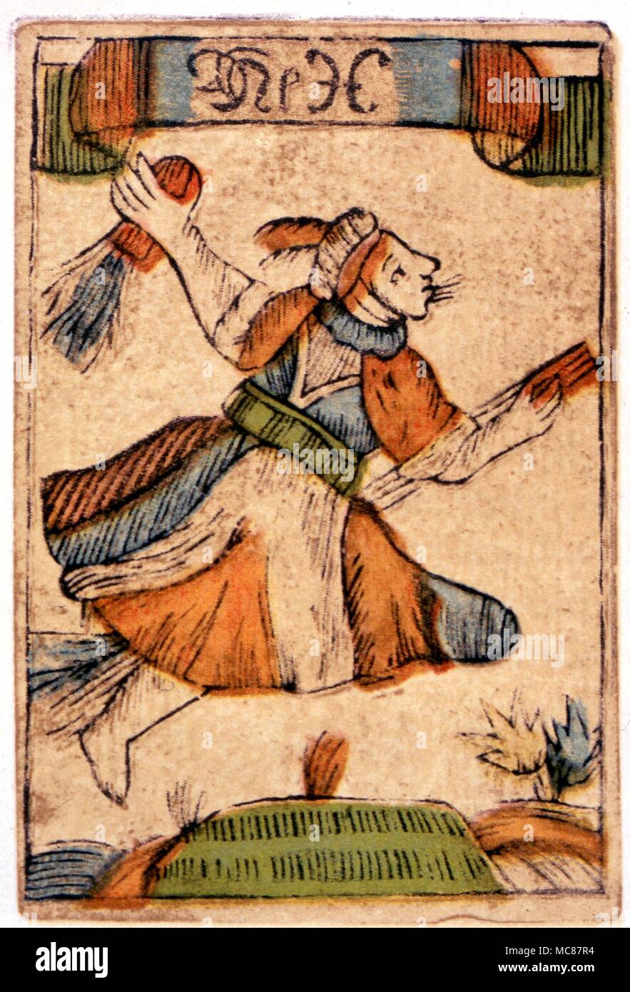 Cartomancy Spielkarten die Hexe (Hex) aus einem Satz Karten für einen alten Rheinish's Spiel Bird Spielen 1750 Stockfoto