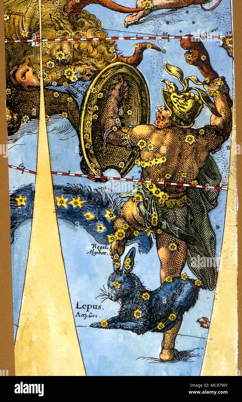 Sternbilder und Sterne Karten Detail des Orion und Lepus (Hase) und Stier, um das obere linke ein loses Ende des 18. Jahrhunderts Platte von einem englischen Abonnement Buch der Konstellation Charts Stockfoto