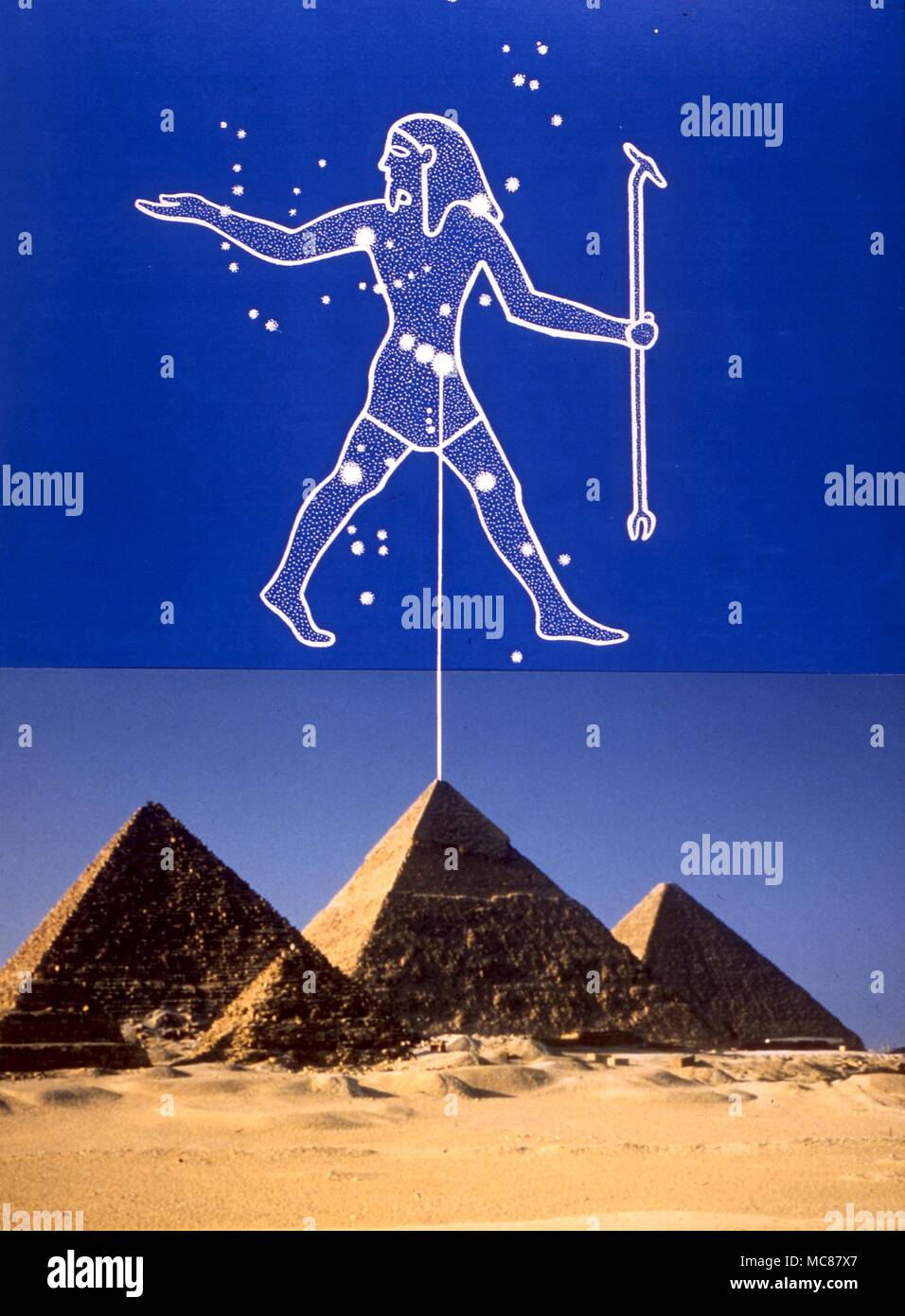 Ägyptische Astrologie. Die Ausrichtung der Pyramiden von Gizah auf die drei Sterne in den Gürtel des Orion Stockfoto