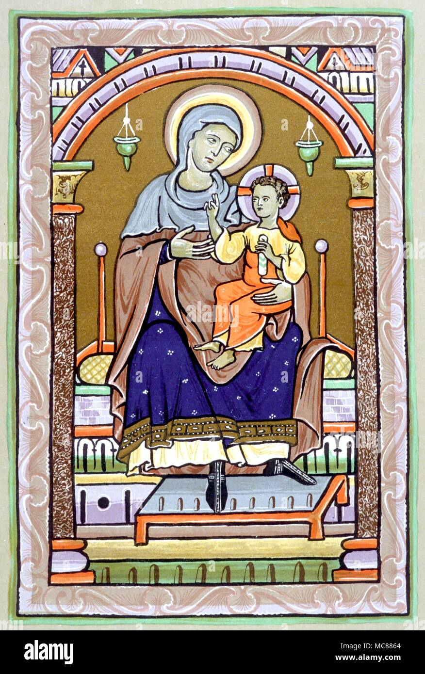 Christian 13. Jahrhundert Beleuchtung der Jungfrau mit dem Kind. 19. Jahrhundert lithographischen Kopie der British Library Manuskript Royal 2A XXII. Stockfoto