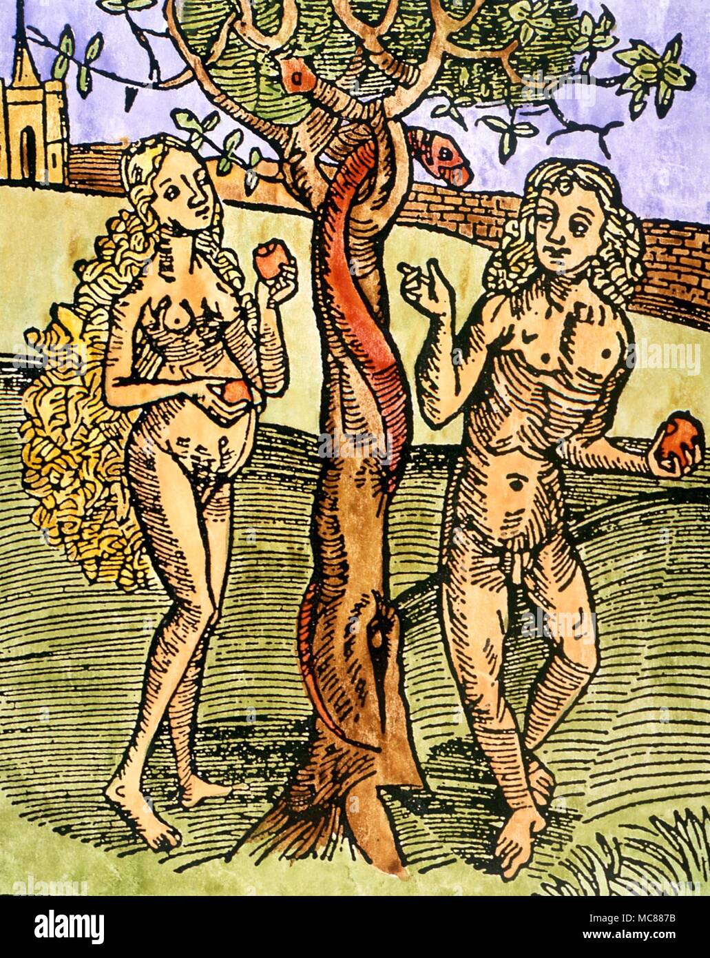 CHRISTIAN Adam und Eva durch die Schlange im Garten Eden versucht wird. Von der 1504 Ausgabe der "ethodus Primum Olimpiade" Stockfoto