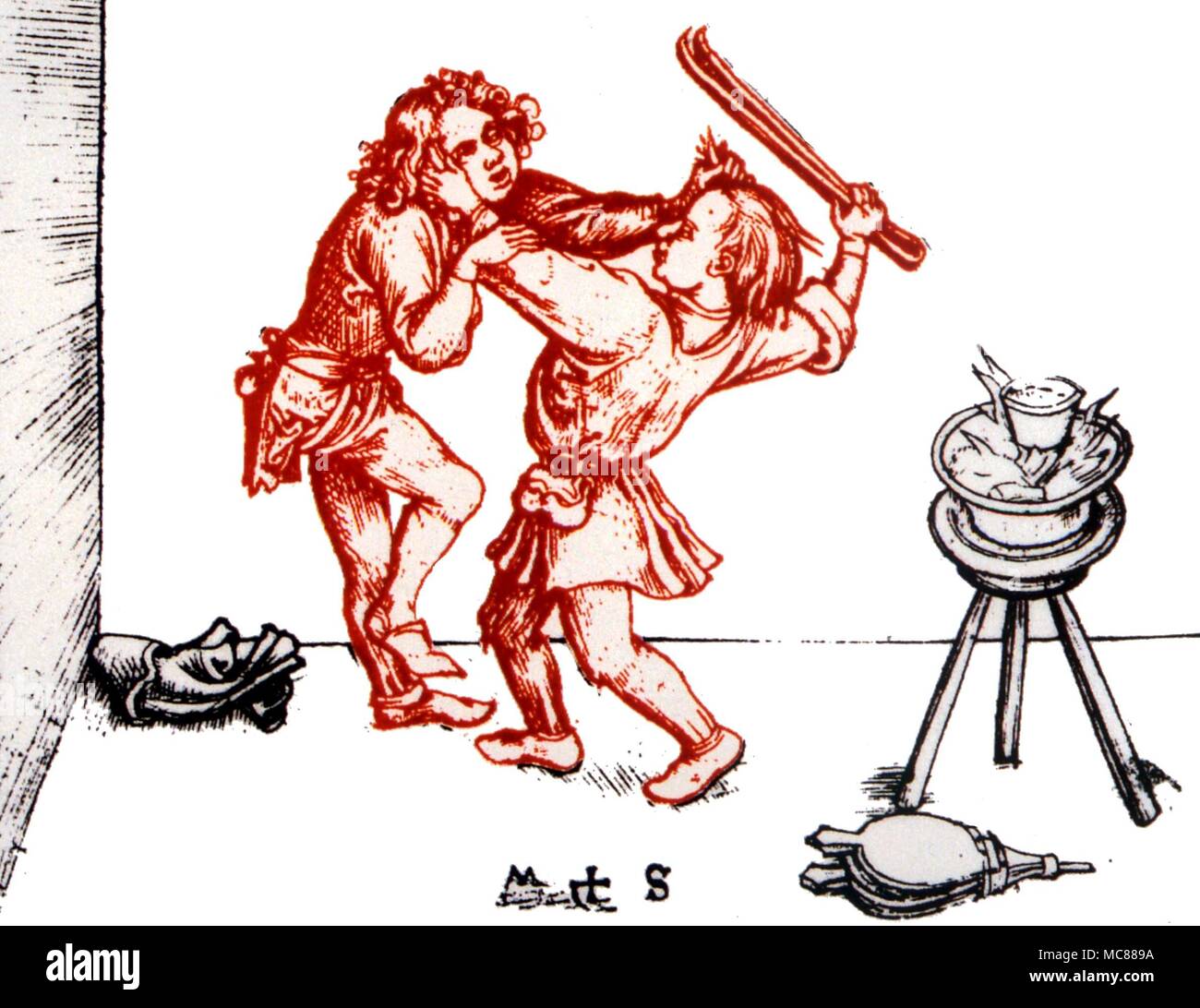 ELEMENTALS - Temperamente zwei cholerics kämpfen - Ausdruck des Feuer Temperament. Nach dem Drucken von Martin Schonegauer (Ende 15. Jahrhundert) Stockfoto