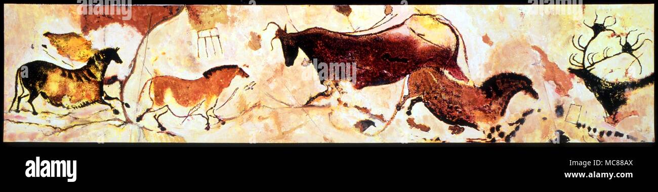 Höhlenmalereien Rekonstruktion der prähistorischen Malereien von Tieren auf einem des Heiligtums Korridore in Lascaux Stockfoto