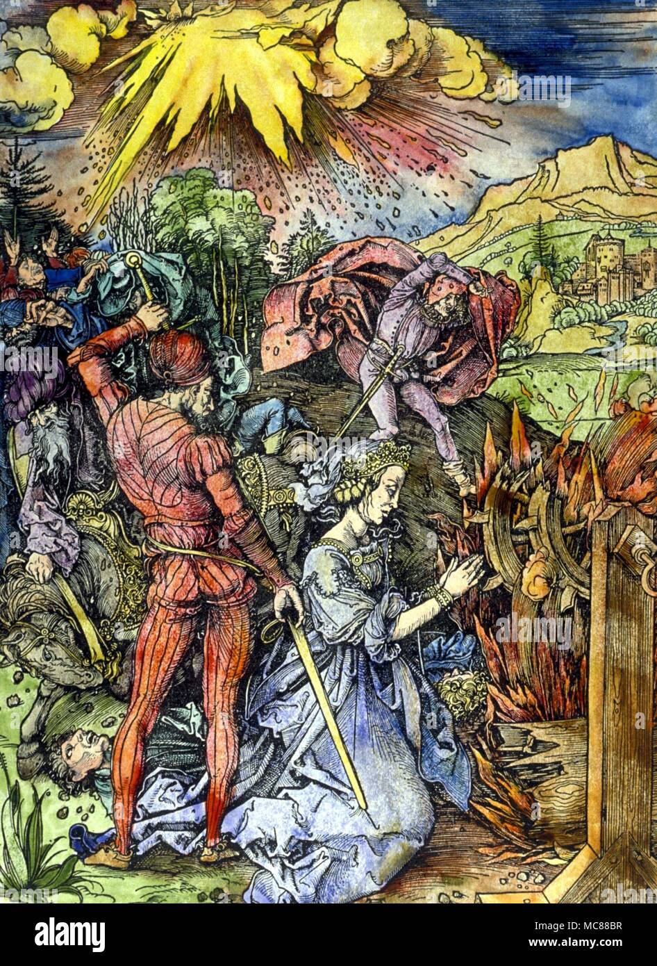 Die enthauptung der Hl. Katharina Folter. Farbige Kupferstich von Albrecht Durer Stockfoto
