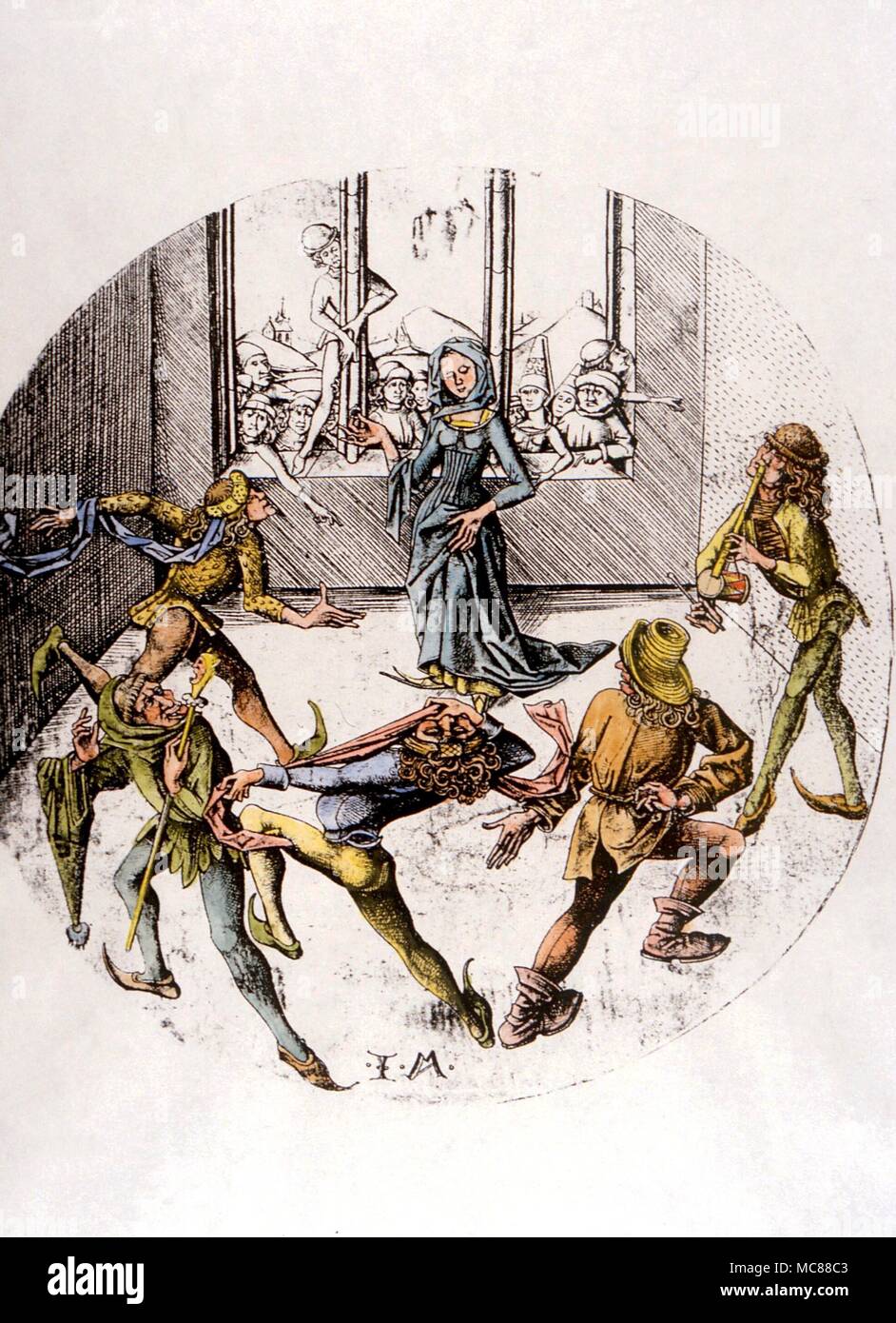 Frühe Morris Dance. Nach einem Stich von Israel von Meckenhem (Anfang 16. Jahrhundert) - Die Frau hält den Ring als Preis Stockfoto