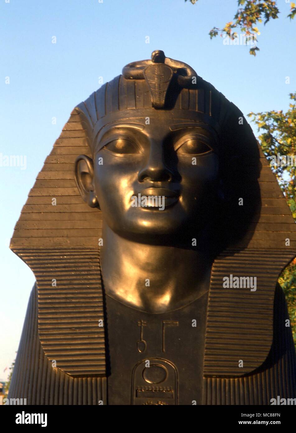 Tiere - London - Cleopatra's Needle Kopf von einem der beiden sphingen auf Cleopatra's Needle (Damm) bei Sonnenaufgang Stockfoto