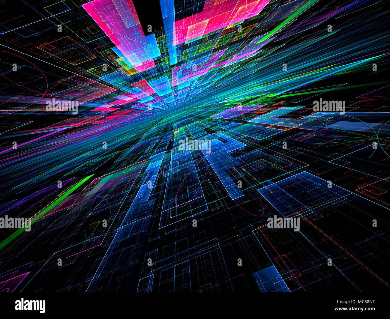 Bunte Hintergrund für Informationstechnologie oder Virtual reality Design Projekten. Abstrakte computergenerierte 3D-Abbildung. Linien und Rechtecke t Stockfoto