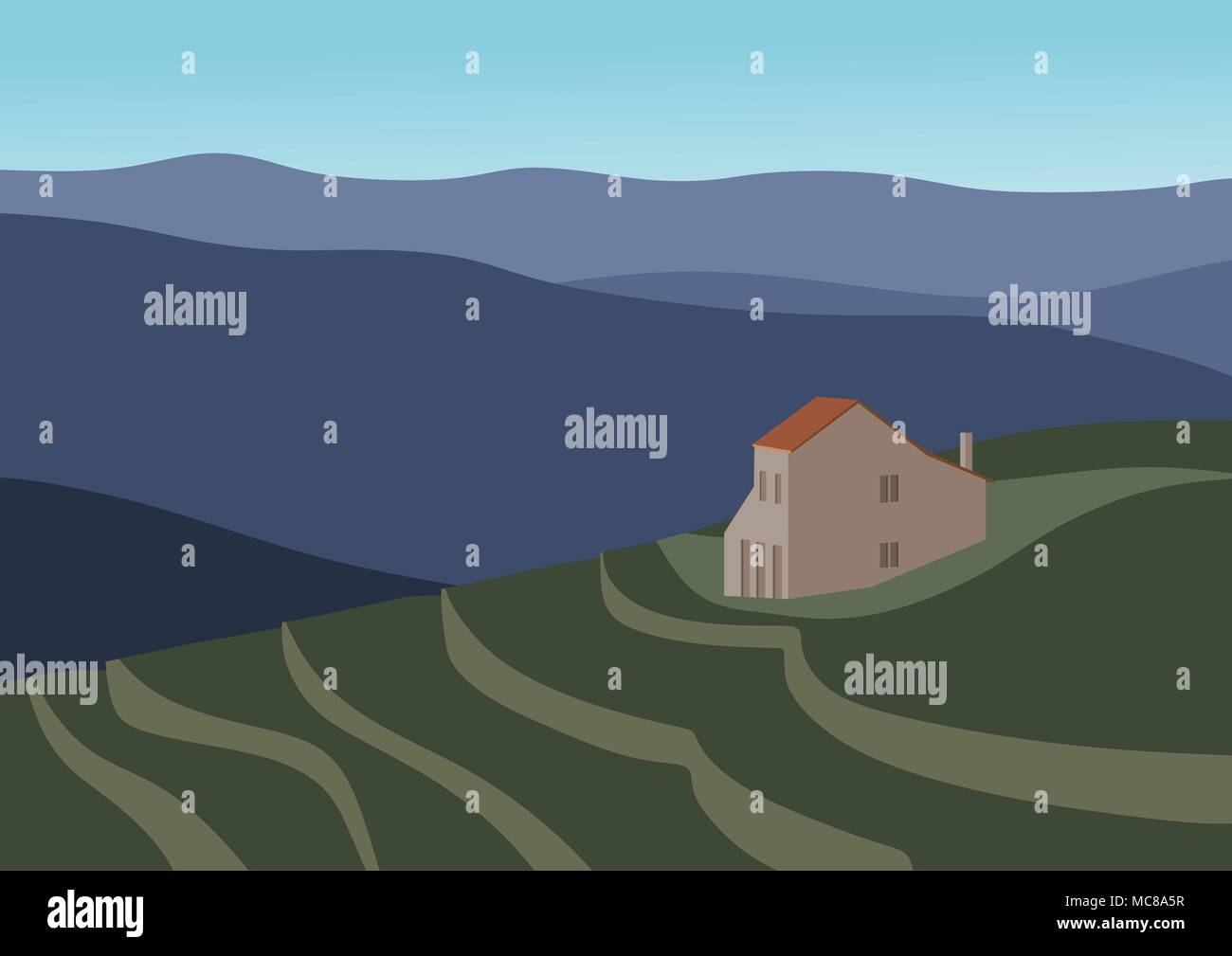 Landschaft mit Bergen und ein einsames Haus. Vector Illustration. Stock Vektor