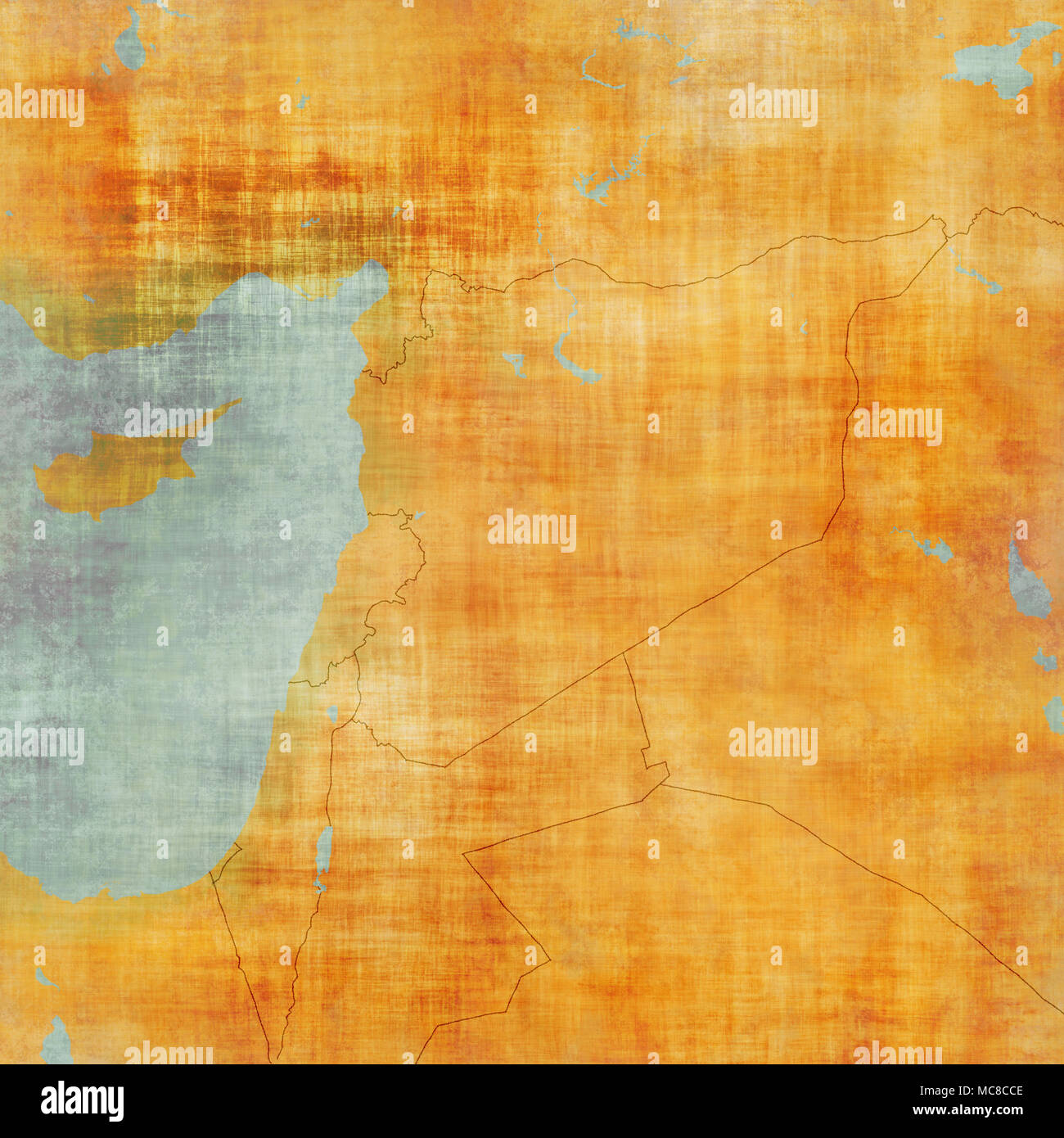 Karte von Syrien und Grenzen, physische Karte Naher Osten, Arabische Halbinsel, Reliefs und Berge und das Mittelmeer. Karte auf Pergament. Hand gezeichnet Stockfoto