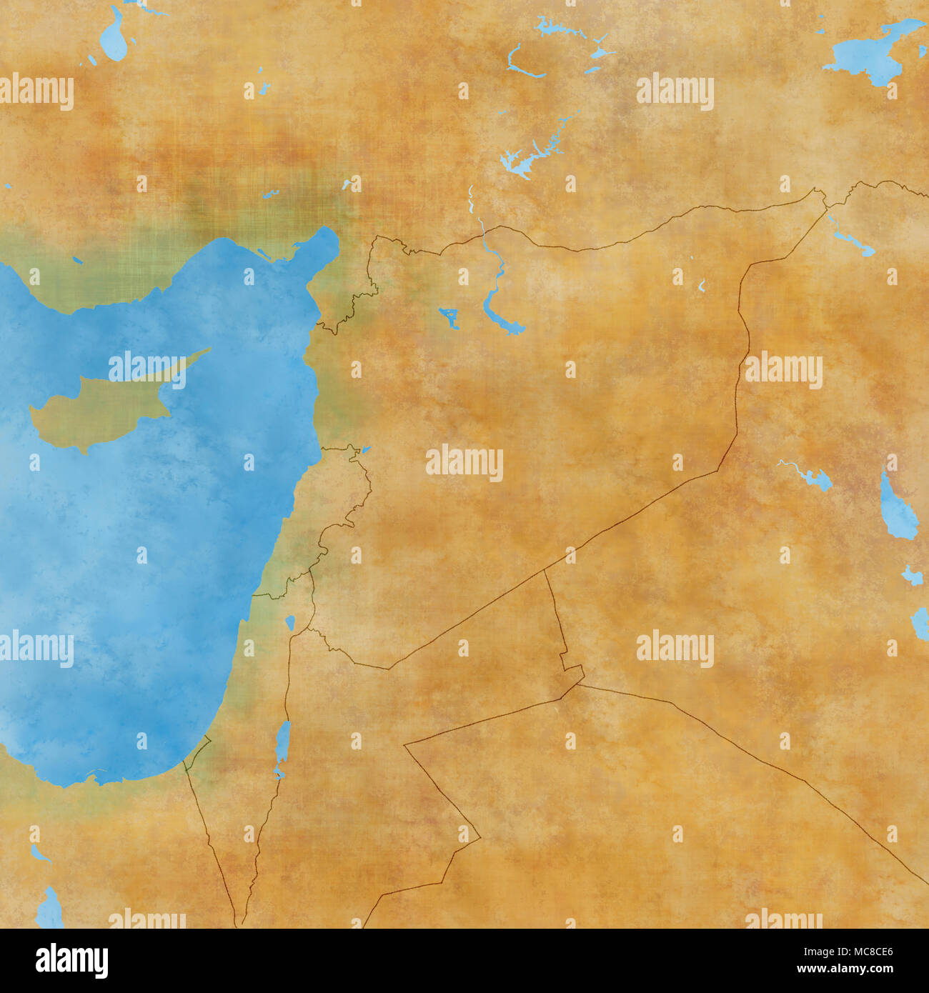 Karte von Syrien und Grenzen, physische Karte Naher Osten, Arabische Halbinsel, Reliefs und Berge und das Mittelmeer. Karte auf Pergament. Hand gezeichnet Stockfoto