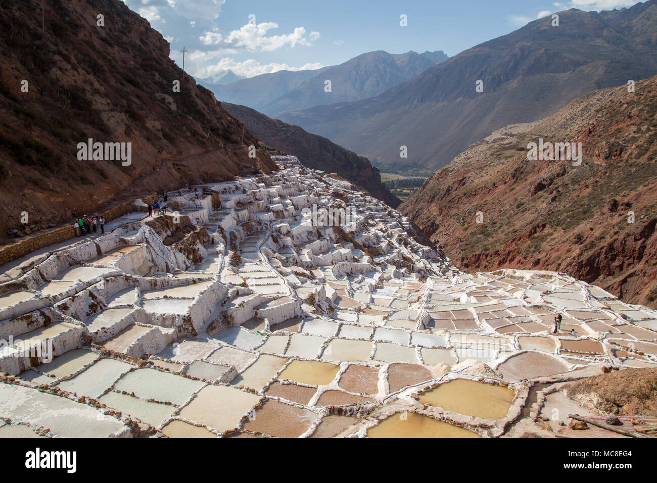 Maras, Peru - 11. Oktober 2015: Salz Verdunstung Teiche an die Maras Salzminen Stockfoto